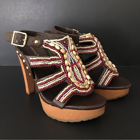 BCBGeneration Tapered Chunky Heels Sandals Brown Embellish Strap Platform 7.5B - Picture 2 of 15